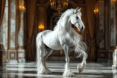The primary subject of the image is a white horse with a flowing mane, standing in a grand hallway. The setting is a palace, with a chandelier hanging above the horse. The visual style is a photo, capturing the majestic beauty of the horse in its surroundings. The colors and mood of the image are elegant and sophisticated, with the white horse and the palace's decor creating a sense of luxury and refinement.