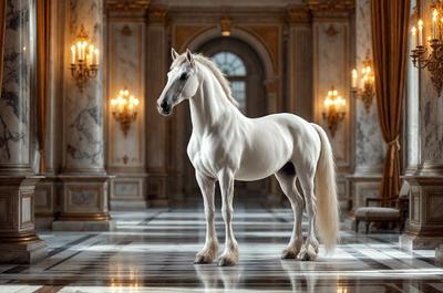 The primary subject of the image is a white horse standing in a large, ornate room. The setting includes a marble floor and a grand entrance with a staircase. The visual style of the image is a photo, capturing the horse in its natural environment. The colors and mood of the image are elegant and sophisticated, with the white horse being the main focal point.