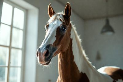 The primary subject of the image is a brown and white horse with a white mane. The horse is standing in a room, possibly a stable, with a window in the background. The visual style of the image is a photo, capturing the horse's features and expression. The colors and mood of the image are warm and inviting, with the horse's brown and white coat and the room's lighting creating a cozy atmosphere.