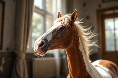 The primary subject of the image is a brown and white horse with a flowing mane. The horse is standing in a room with a window in the background. The visual style of the image is a photo, capturing the horse's features and the surrounding environment. The colors and mood of the image are warm and inviting, with the horse's brown and white fur contrasting against the light-colored room.