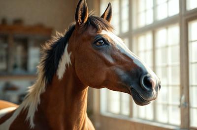 Primary subject: A brown and white horse with a black nose.

Setting/background: The horse is standing in front of a window, with a brick wall visible in the background.

Visual style: The image is a photo of the horse.

Colors and mood: The horse has a brown and white coat, and the overall atmosphere is calm and focused.