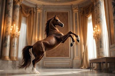 The primary subject of the image is a brown horse with a white hoof, standing in a room with a white and gold color scheme. The horse appears to be in motion, possibly running or galloping. The setting includes a chair and a couch in the background, suggesting that the room might be a living area or a place where people gather. The visual style of the image is a combination of photo and digital art, creating a realistic yet artistic representation of the horse in motion. The colors and mood of the image are pre