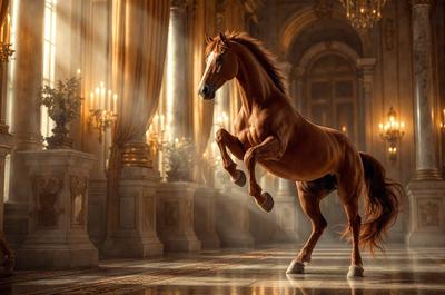 Primary subject: A brown horse with a white hoof.

Setting/background: The horse is in a large, ornate room with a marble floor. The room has a grand, palace-like atmosphere.

Visual style: The image is a digital artwork, featuring a horse in motion.

Colors and mood: The dominant colors are brown and white, with a warm and elegant mood.