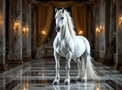 The primary subject of the image is a white horse standing in a large, ornate room. The setting includes a marble floor and a grand entrance with a curtain. The visual style appears to be a photo, capturing the horse in its natural environment. The colors in the image are predominantly white, giving the scene a clean and elegant atmosphere.