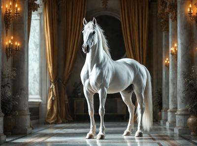 The primary subject of the image is a white horse standing in a room with a marble floor. The horse is positioned in the center of the room, and its presence creates a sense of elegance and grace. The setting appears to be a palace or a grand building, as indicated by the marble flooring and the overall atmosphere. The visual style of the image is a combination of photo and digital art, creating a realistic yet artistic representation of the horse in its environment. The colors and mood of the image are predomin