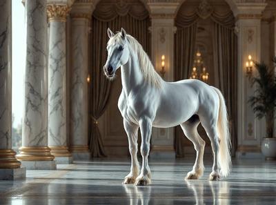 The primary subject of the image is a white horse standing in a large, ornate room. The setting includes a marble floor and a backdrop of columns and a chandelier. The visual style appears to be a photo, capturing the horse in its natural environment. The colors in the image are predominantly white, giving the scene a clean and elegant atmosphere.