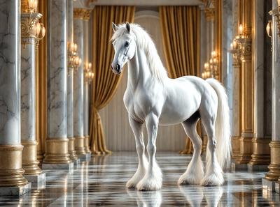 The primary subject of the image is a white horse standing in a grand hallway. The setting is a palace, with the horse standing on a marble floor. The visual style is a digital art, creating a realistic and detailed representation of the horse. The colors and mood of the image are predominantly white, giving it a clean and elegant appearance.