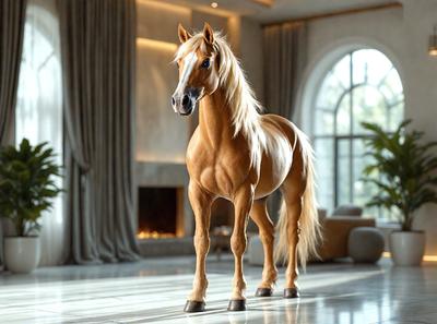 The primary subject of the image is a brown horse standing in a room. The horse is positioned in the center of the scene, and it appears to be the main focus of the image. The setting is a room with a fireplace, which adds warmth and coziness to the environment. The visual style of the image is a photo, capturing the horse in its natural habitat. The colors in the image are predominantly brown and white, giving the scene a warm and inviting atmosphere.