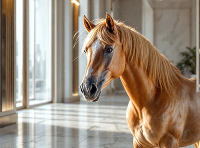 Primary subject: A brown horse with a white face.

Setting/background: The horse is standing in a room with a white wall.

Visual style: The image is a photo of the horse.

Colors and mood: The horse has a brown and white color, and the overall atmosphere is calm and focused.