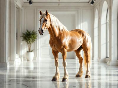 Primary subject: A brown horse standing in a white room.

Setting/background: The horse is standing in a white room, which appears to be a large, empty space.

Visual style: The image is a photo of the horse in the white room.

Colors and mood: The dominant colors in the image are white and brown, creating a clean and natural atmosphere.