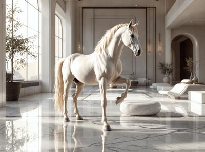 The primary subject of the image is a white horse standing in a large, white room. The setting appears to be a spacious, modern interior with a marble floor. The visual style of the image is a digital art or illustration, creating a clean and polished appearance. The colors in the image are predominantly white, giving the scene a bright and airy atmosphere.