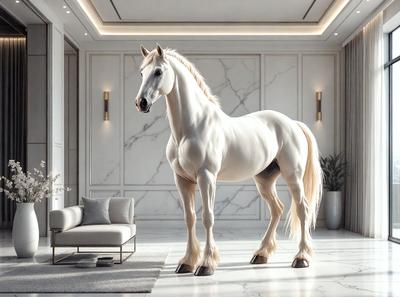 The primary subject of the image is a large white horse standing in a room. The setting is a living room, with a couch and a chair visible in the background. The visual style appears to be a combination of photo and digital art, creating a realistic yet artistic representation of the horse. The colors and mood of the image are predominantly white, giving it a clean and serene atmosphere.