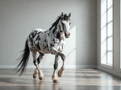 Primary subject: A spotted horse with a white face.

Setting/background: A white wall.

Visual style: A photo of the horse.

Colors and mood: The horse is black and white, and the overall atmosphere is calm and focused.