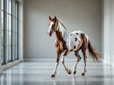 Primary subject: A brown and white horse with a white face.

Setting/background: A white wall serves as the backdrop for the horse.

Visual style: The image is a photo of the horse.

Colors and mood: The horse has a brown and white coat, and the overall atmosphere is calm and focused on the horse's movement.