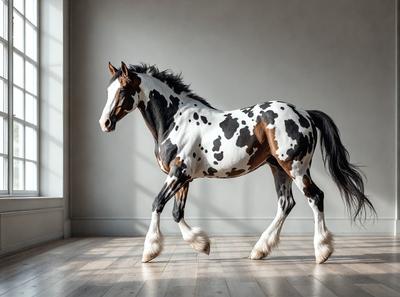 Primary subject: A spotted horse standing in a room.

Setting/background: The horse is standing in a room with a white wall.

Visual style: The image is a photo of the horse.

Colors and mood: The horse has a black and white spotted pattern, and the overall atmosphere is calm and serene.