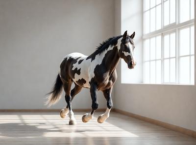 Primary subject: A black and white horse with a white spot on its face.

Setting/background: The horse is standing in a room with a window in the background.

Visual style: The image is a photo of the horse.

Colors and mood: The horse is black and white, and the overall atmosphere is calm and focused on the horse's movement.