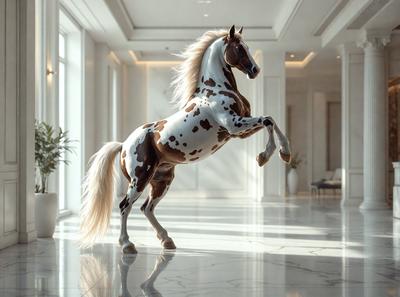 The primary subject of the image is a white and brown spotted horse. The horse is standing in a large, white room with a marble floor. The setting appears to be a modern, well-lit space. The visual style of the image is a realistic representation of the horse, capturing its movement and beauty. The colors and mood of the image are predominantly white and neutral, creating a clean and elegant atmosphere.