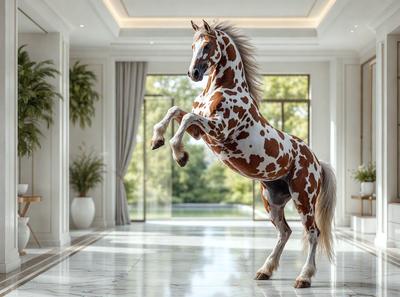 The primary subject of the image is a brown and white spotted horse standing in a large, open room. The horse appears to be in motion, possibly walking or running. The setting is a spacious room with a large window, which allows natural light to enter the space. The visual style of the image is a realistic representation of the horse, capturing its movement and the surrounding environment. The colors and mood of the image are predominantly neutral, with the horse being the main focal point.