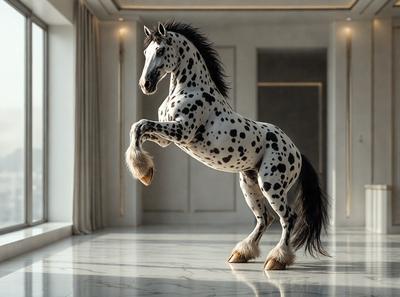 The primary subject of the image is a white and black spotted horse standing in a room. The horse is the main focus of the image, and it appears to be in motion, possibly jumping or running. The setting is indoors, with a door visible in the background. The visual style of the image is a combination of photo and digital art, creating a realistic yet artistic representation of the horse. The colors and mood of the image are predominantly white and black, with a sense of motion and energy.
