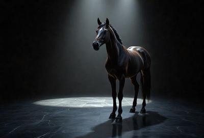 Primary subject: A brown horse standing in a dark room.

Setting/background: The horse is standing on a dark grey floor, with a bright light shining on it.

Visual style: The image is a digital art or illustration of a horse.

Colors and mood: The dominant colors are brown and grey, with the bright light creating a contrasting effect. The overall atmosphere is mysterious and dramatic.