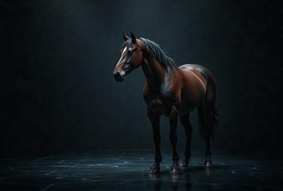 Primary subject: A brown horse with a white face.

Setting/background: A dark room with a black background.

Visual style: A black and white photo.

Colors and mood: The image has a monochromatic color scheme, giving it a classic and timeless feel.