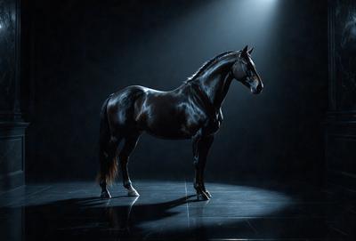 Primary subject: A black horse standing in a dark room.

Setting/background: The horse is standing on a dark surface, possibly a stage or a room with low lighting.

Visual style: The image is a black and white photo.

Colors and mood: The dominant colors are black and white, creating a moody and dramatic atmosphere.