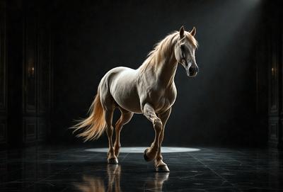 Primary subject: A white horse with a flowing mane.

Setting/background: A dark room with a light source.

Visual style: A black and white photo.

Colors and mood: The image is black and white, giving it a classic and timeless feel. The horse's white color stands out against the dark background, creating a striking contrast.