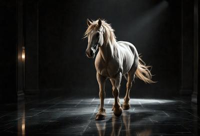 Primary subject: A white horse with a flowing mane.

Setting/background: A dark room with a light source shining on the horse.

Visual style: A photo of the horse.

Colors and mood: The horse is the main focus, and the dark room adds a sense of mystery and drama to the scene.
