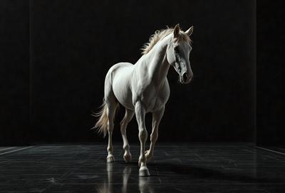The primary subject of the image is a white horse standing in a dark room. The horse is the main focus of the image, and it appears to be the only object in the scene. The setting is a dark room, which contrasts with the white horse, creating a dramatic and moody atmosphere. The visual style of the image is a black and white photo, which adds to the overall mood and emphasizes the contrast between the horse and its surroundings.