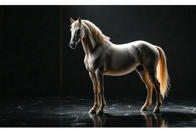 The primary subject of the image is a white horse standing in a dark room. The horse is the main focus of the image, and it appears to be the only object in the scene. The setting is a dark room, which contrasts with the white horse, creating a dramatic and moody atmosphere. The visual style of the image is a photo, capturing the horse in its natural environment. The colors in the image are predominantly dark, with the white horse being the only light source, creating a striking contrast.