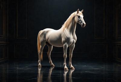 The primary subject of the image is a white horse standing in a dark room. The horse is the main focus of the image, and it appears to be the only object in the scene. The setting is a dark room, which contrasts with the white horse, creating a dramatic and moody atmosphere. The visual style of the image is a black and white photo, which adds to the overall mood and emphasizes the contrast between the horse and its surroundings.