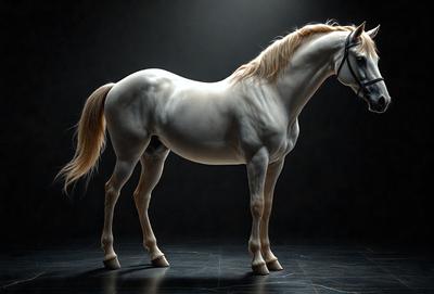 Primary subject: A white horse with a black mane.

Setting/background: A dark background.

Visual style: A photo of the horse.

Colors and mood: The horse is white, and the overall atmosphere is calm and serene.