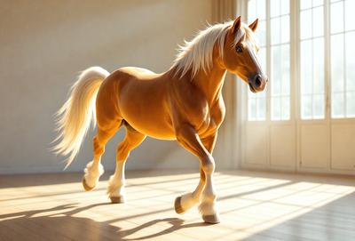 The primary subject of the image is a brown horse with a blonde mane, standing in a room with a white wall. The horse appears to be walking or running, possibly in a field. The setting is indoors, with a window visible in the background. The visual style of the image is a combination of photo and digital art, creating a realistic yet artistic representation of the horse. The colors in the image are predominantly brown and white, giving the scene a warm and natural atmosphere.