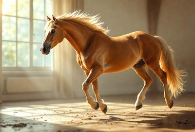 Primary subject: A brown horse with blonde mane and tail, running in a room.

Setting/background: The horse is running on a dirt floor, with a window in the background.

Visual style: The image is a painting, featuring a brown horse with a blonde mane and tail.

Colors and mood: The painting has a warm and vibrant color palette, with the brown horse as the main focus. The dirt floor and the window in the background add depth and interest