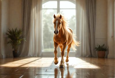 The primary subject of the image is a brown horse walking across a wooden floor. The horse is the main focus of the scene, and it appears to be in a room with a window. The visual style of the image is a combination of photo and digital art, creating a realistic yet artistic representation of the horse. The colors in the image are predominantly brown and white, giving the scene a warm and natural atmosphere.