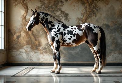 The primary subject of the image is a spotted horse standing in a room. The horse is positioned in the center of the scene, and it appears to be the main focus of the image. The setting is a room with a wall, and the visual style is a photo. The horse is the primary subject, and the colors and mood of the image are dominated by the spotted pattern of the horse, creating a unique and eye-catching scene.