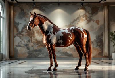 The primary subject of the image is a brown and white spotted horse standing in a room. The horse is positioned in the center of the scene, and its body is the main focus of the image. The setting appears to be a room with a wall, and the visual style is a photo. The colors in the image are predominantly brown and white, giving the scene a warm and natural atmosphere.