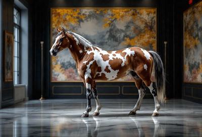 Primary subject: A brown and white spotted horse.

Setting/background: The horse is standing in front of a painting, which serves as the backdrop for the scene.

Visual style: The image is a photo of the horse.

Colors and mood: The horse has brown and white spots, and the overall atmosphere is calm and serene.