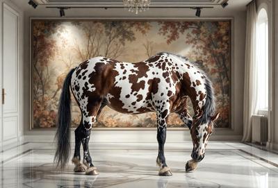 The primary subject of the image is a spotted horse standing on a marble floor. The horse is positioned in front of a large painting, which serves as the setting and background of the scene. The visual style of the image is a combination of photo and digital art, creating a unique and eye-catching representation of the horse. The colors and mood of the image are predominantly white and brown, giving it a warm and elegant atmosphere.
