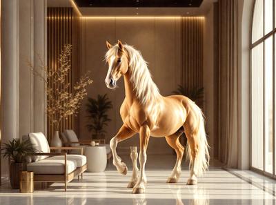 The primary subject of the image is a beautifully rendered horse standing in a spacious room. The horse is positioned in the center of the room, and its presence creates a sense of grandeur and elegance. The setting includes a couch and a potted plant, which adds to the room's ambiance. The visual style of the image is a combination of photo and digital art, creating a realistic yet artistic representation of the horse. The colors and mood of the image are predominantly warm and inviting