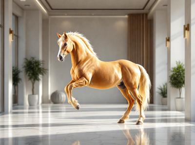 Primary subject: A brown horse with a white face standing in a white room.

Setting/background: The horse is standing on a white marble floor, which is part of a large white room.

Visual style: The image is a digital artwork, featuring a horse in a white room.

Colors and mood: The dominant colors are white and brown, creating a clean and elegant atmosphere.