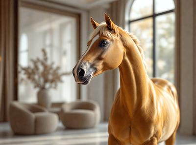 The primary subject of the image is a brown horse standing in a room. The setting is indoors, with a couch and a chair visible in the background. The visual style appears to be a photo, capturing the horse in a realistic manner. The colors in the image are predominantly brown, giving the scene a warm and natural atmosphere.