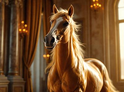 Primary subject: A brown horse with blonde hair.

Setting/background: The horse is standing in front of a curtained window, which suggests an indoor setting.

Visual style: The image is a digital artwork, featuring a detailed and realistic representation of the horse.

Colors and mood: The horse has a warm, earthy tone, and the overall atmosphere of the image is serene and peaceful.
