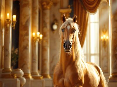 The primary subject of the image is a brown horse standing in a room with a gold and white color scheme. The horse is positioned in the center of the room, and it appears to be the main focus of the image. The setting includes a chair and a potted plant, adding to the room's decor. The visual style of the image is a combination of photo and digital art, creating a realistic yet artistic representation of the horse. The colors and mood of the image are warm and inviting, with the gold and