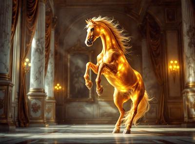 Primary subject: A golden horse with a flowing mane, standing in a room with a white and gold color scheme.

Setting/background: The horse is standing in a room with a white and gold color scheme, which includes a white marble floor and gold-colored walls.

Visual style: The image is a digital art piece, featuring a golden horse with a flowing mane.

Colors and mood: The dominant colors in the image are white and gold, creating a luxurious and elegant