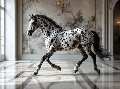 Primary subject: A white and black spotted horse.

Setting/background: The horse is standing on a marble floor, which is part of a grand hall.

Visual style: The image is a digital art or illustration of the horse.

Colors and mood: The horse has a white and black spotted pattern, and the overall atmosphere is elegant and sophisticated.