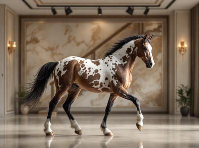 Primary subject: A brown and white spotted horse.

Setting/background: A large, clean, and empty room with a marble floor.

Visual style: The image is a photo of the horse.

Colors and mood: The horse has a brown and white coat, and the room has a neutral and calm atmosphere.