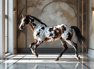 The primary subject of the image is a brown and white spotted horse. The horse is standing in a room with a white wall, and it appears to be walking or running. The setting is indoors, and the visual style is a photo. The horse's colors and mood are energetic and dynamic, as it moves through the space.