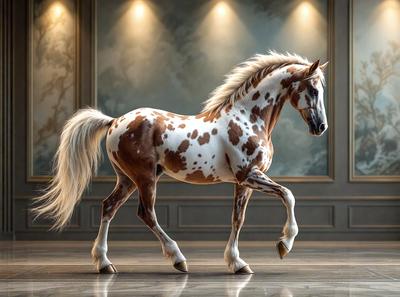 The primary subject of the image is a brown and white spotted horse. The horse is standing in a room with a wall behind it. The setting appears to be a studio or a room with a backdrop. The visual style of the image is a photo, capturing the horse in its natural environment. The colors and mood of the image are warm and inviting, with the horse's brown and white spots creating a visually appealing contrast against the wall.