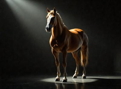Primary subject: A brown horse standing in a dark room.

Setting/background: The horse is standing on a dark surface, possibly a stage or a dark room.

Visual style: The image is a black and white photo.

Colors and mood: The dominant colors are black and white, creating a moody and dramatic atmosphere.